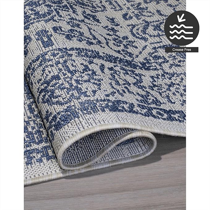 FH Home Flat Woven Outdoor Rug - Waterproof, Easy to Clean, Stain Resistant - Premium Polypropylene Yarn - Vintage - Patio, Porch, Deck, Balcony - Ankara - Distressed Blue - 5ft 2in x 7ft 6in