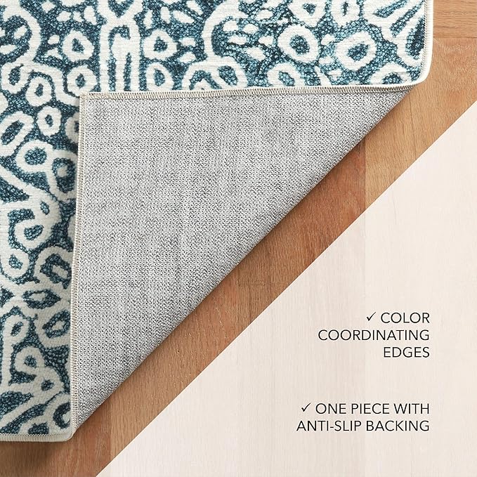 Dash and Albert Temple Ink Machine Washable Area Rug - 3' x 5' Blue - Geometric Accent Rug - Anti-Slip Backing, Lightweight, Machine Washable, High Traffic Areas Kitchen, Mudroom, Laundry Room