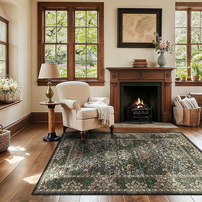 3x5 Floral Washable Area Rug for Living Room, Vintage Boho Rugs for Bedroom Dining Room, Botanical Birds Non Slip Low Pile Forest Throw Carpet for Farmhouse Office, Retro Gold/Green