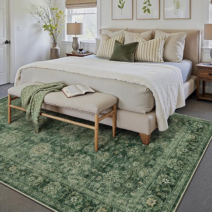 8x10 Washable Area Rug for Living Room Bedroom Green Vintage Distressed Rustic Large Carpet Non-Slip Low Pile Lightweight Vacuumable Soft Throw Rug for Indoor Dining Room