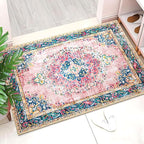 Small Area Rug 2x3 Pink Boho Bathroom Rug for Entryway Kitchen Blush Thin Foldable Vintage Throw Rug Low Pile Non Slip Washable Indoor Carpet