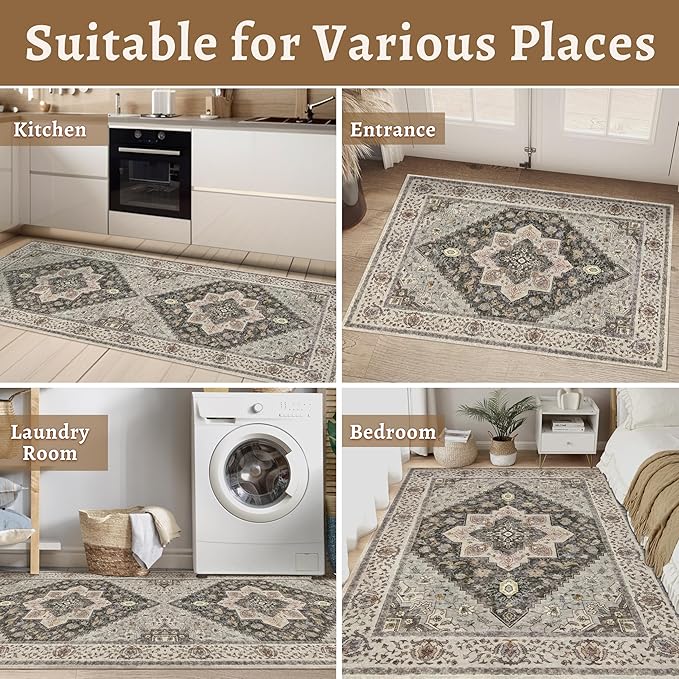 Tangsoo 2x3 Washable Rugs for Entryway, Vintage Non Slip Small Area Rug, Indoor Front Door Rug, Door Mat Small Carpet, Soft Low Pile Entry Rug for Entrance Kitchen Bedroom Print Distressed Grey/Multi