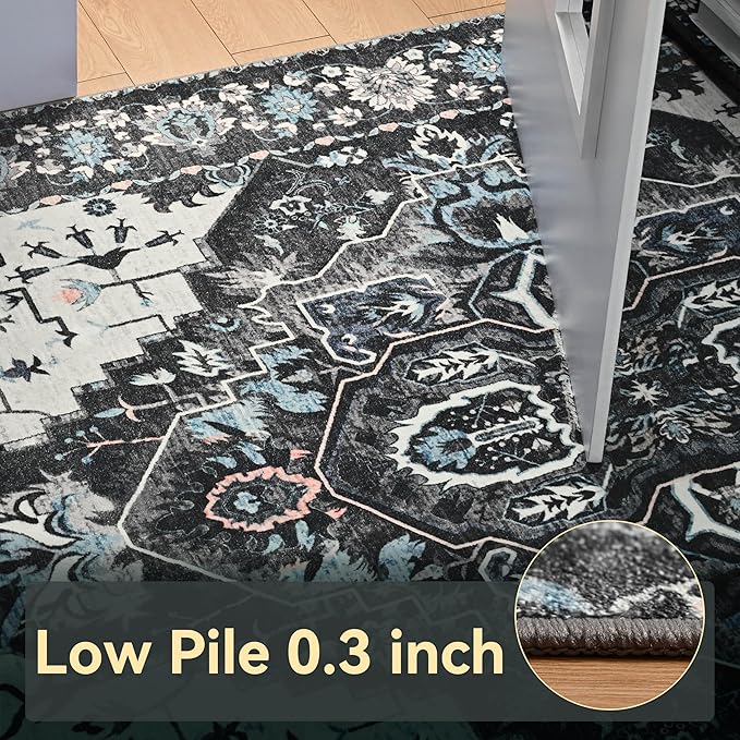 YJ.GWL Area Rugs for Living Room 5x7 Machine Washable Rugs, Non Slip Floral Vintage Rug Indoor Carpet, Stain Resistant Large Rug for Bedroom Dining Room, Black Grey Blue