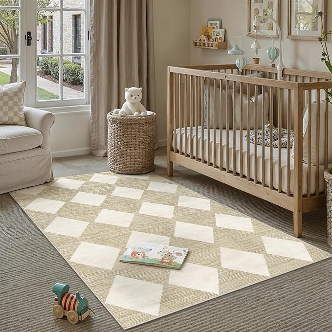 3x5 Checkered Area Rugs for Living Room Beige Machine Washable Large Rug Non-Slip Stain Resistant Low Pile Boho Accent Indoor Throw Carpet for Office Bedroom Dining Room Classroom