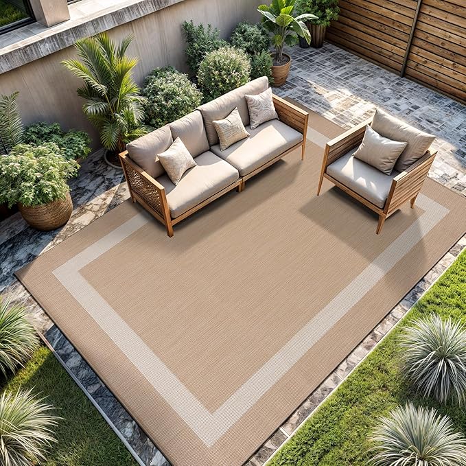 CAMILSON Outdoor Rug 6x9, Modern Outside Rugs for Patios Porches Waterproof Durable Washable Non-Shedding, Easy-to-Clean Indoor Outdoor Area Carpet (6 x 9, Bordered - Beige/White)