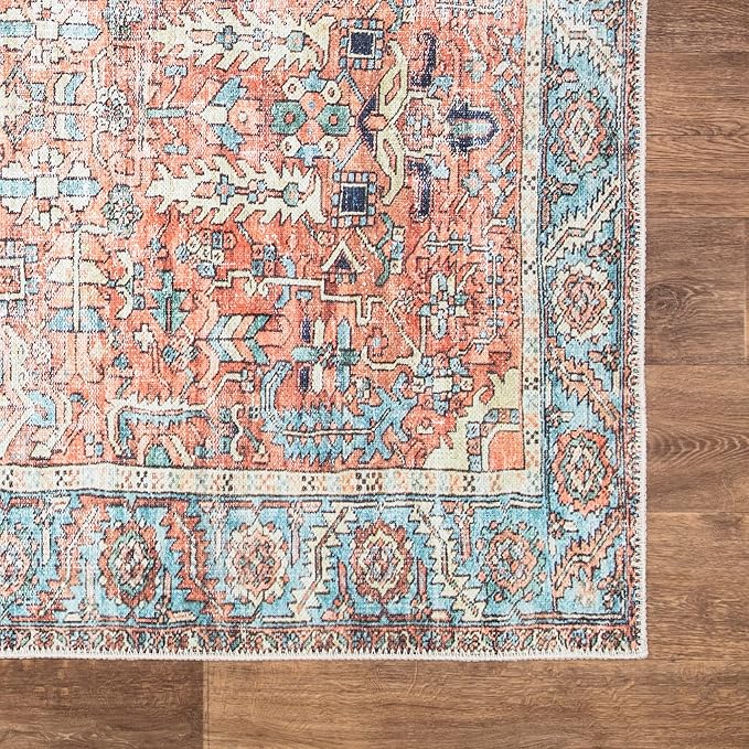 Bloom Rugs Washable Non-Slip 10 ft Runner - Orange/Blue Traditional Runner for Entryway, Hallway, Bathroom, and Kitchen - Exact Size: 2.5' x 10'