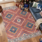 Area Rug 3x5 Rug Machine Washable Non-Slip Low Pile Print Pattern Western Rug for Living Room Bedroom Entryway Tribal Series -Red/Orange