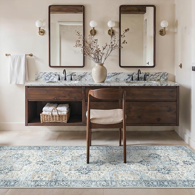 Runner Rug 2'6''x8, Non Slip Vintage Hallway Runner Rugs, Low Pile Lightweight Machine Washable Mat for Hallway, Entryway, Bedroom, Kitchen and Corridor, Blue