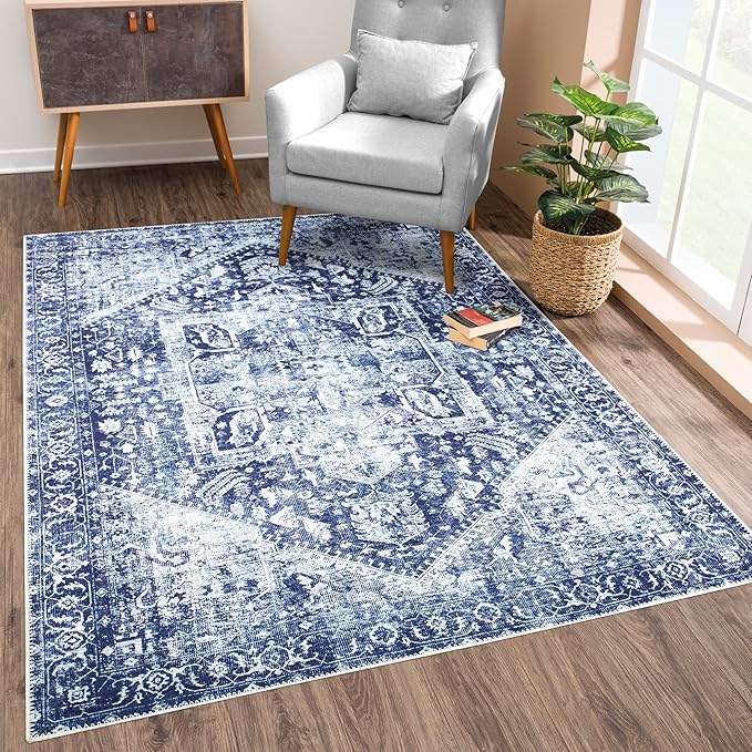 Bloom Rugs Washable Non-Slip 3' x 5' Rug - Blue/Ivory Traditional Area Rug for Living Room, Bedroom, Dining Room, and Kitchen - Exact Size: 3' x 5'