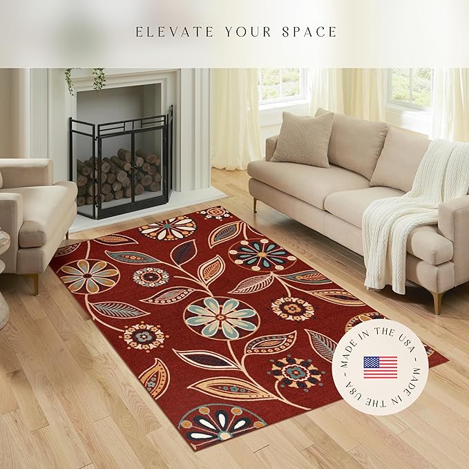 Maples Rugs Reggie Floral Area Rug - Made in USA - Low Pile, Non Slip, Pet-Friendly Mat for Living Room, Bedroom, and Office, 5' x 7', Merlot