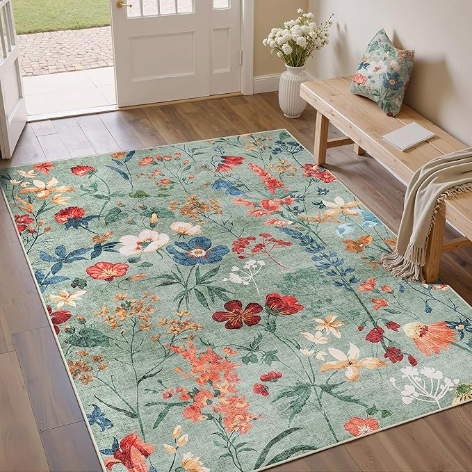 Green Area Rug 3x5 Office Floral Boho Door Mat Indoor Washable Kitchen Carpet Non Slip Bedroom Low Pile Lightweight Soft Throw Rug for Living Dining Room Bathroom