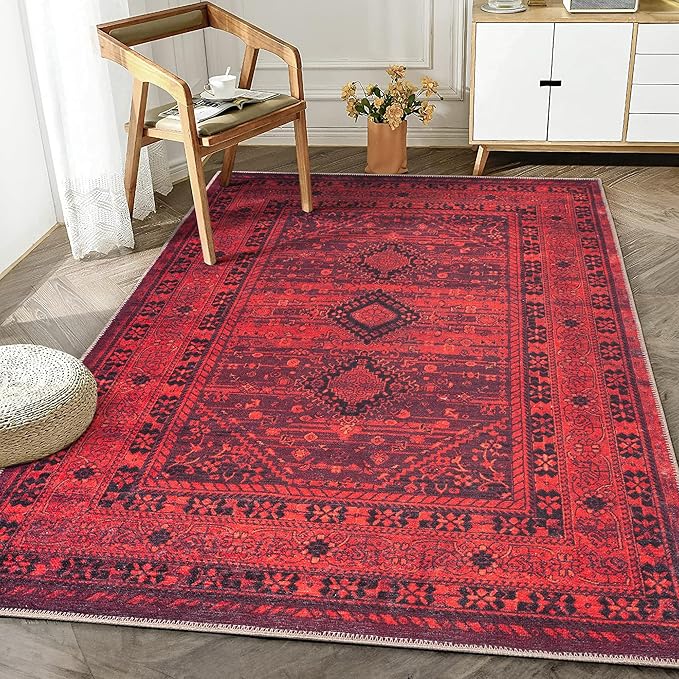 Bloom Rugs Washable Non-Slip 2' x 3' Rug - Red Traditional Bordered Area Rug for Living Room, Bedroom, Dining Room, and Kitchen - Exact Size: 2' x 3'
