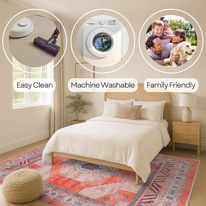Fame Rugs Turkish Rug. Washable Vintage Oriental Antique Inspired Traditional Doormat Small Modern Area Rugs Luxury Entryway Entry Bedroom Bathroom Kitchen (380TT, 5'9 x 8'9)