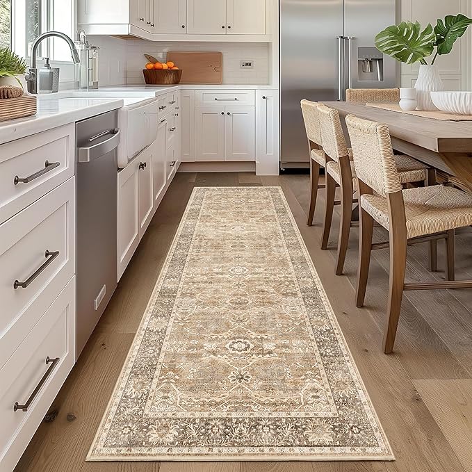 2x8 Runner Rug Beige Vintage Washable Runner Rugs for Hallway Kitchen Low Pile Non-Slip Retro Distressed Accent Throw Carpet for Entryway Bathroom Bedroom Beige