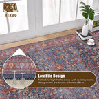 Washable Area Rug 6' x 9' Vintage Traditional Persian Mat - Foldable Distressed Non-Slip Machine Washable Carpet for Living Room Bedroom Kitchen Home Decor - Indigo and Crimson