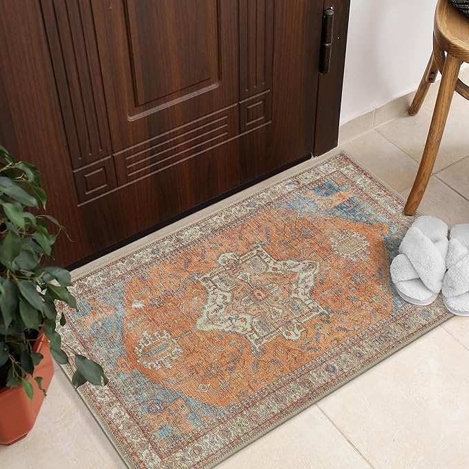 GLN Rugs Traditional Collection - Machine Washable Area Rug, Traditional Washable, Non Slip, Low Pile Chenille Rug, Living Room, Bedroom, Kitchen Rug (2' x 3' Terra/Multicolor)