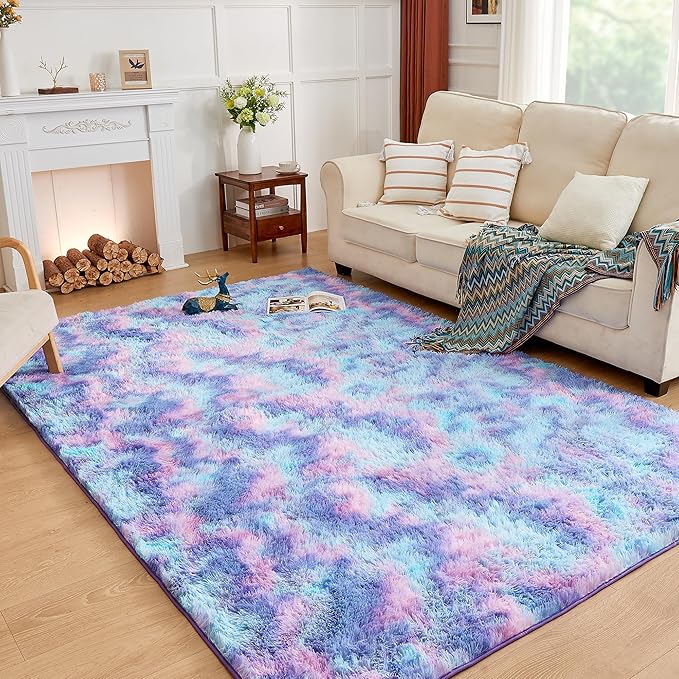 Andency 8x10 Area Rugs for Living Room, Non-Slip Fluffy Soft Large Shag Bedroom Carpet, Tie-Dyed Unicorn Rainbow Big Indoor Thick Nursery Rug for Kids Dorm Home Decor Aesthetic