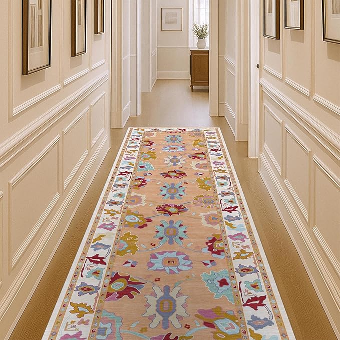 Fame Living Orange Oushak Rug, Vintage Turkish Eclectic Floral Sweet Pastel Large Runner Rugs for Hallway Kitchen Living Room Dining Bedroom Kitchen Bathroom 2'5"x13'