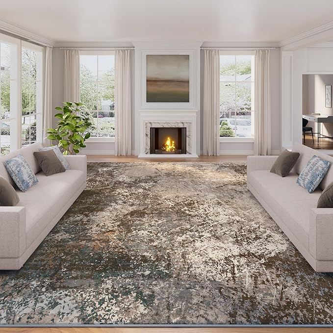 Arbosofe Modern Abstract Rug for Living Room, 6'x9' Washable Area Rug with Non-Slip Backing & Short Pile, Large Carpet with Abstract Pattern for Living Room Bedroom and Dining Floor Carpet Brown