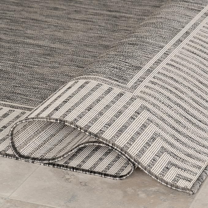 Nuloom Asha Grey/Ivory, 4' x 6', Casual, Striped Border, Soft and Cozy, High Traffic, Stain Resistant, Easy Clean, Durable Area Rug for Indoor/Outdoor Patio, Deck, Porch, Garden, Courtyard