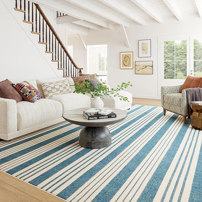 Dash & Albert Talos Blue Machine Washable Rug, 5 X 8 Feet, Blue/Ivory Stripe Pattern
