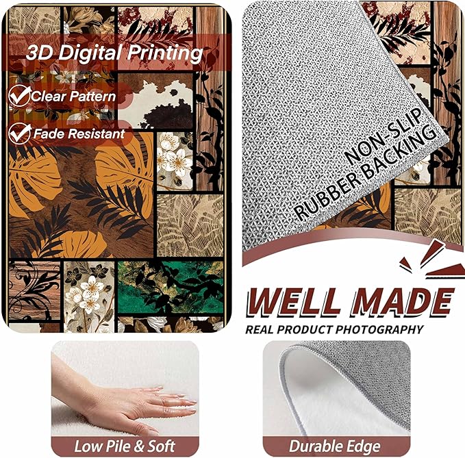 Floral Tropical Patchwork Area Rug 2x3ft, Vintage Black & Brown Country Carpet, Low Pile Non-Slip Mat for Cozy Bedroom, Dining Room, Farmhouse Decor