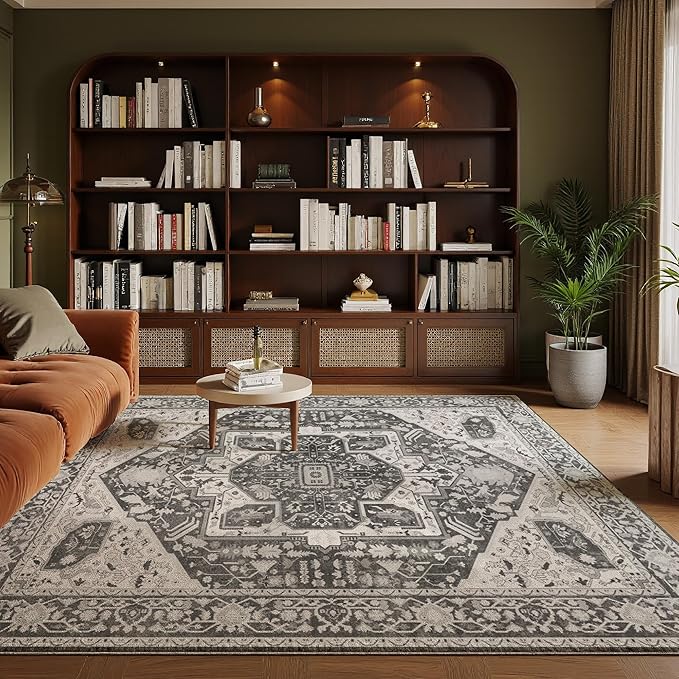EnHomee 8x10 Washable Area Rugs for Bedroom, Boho Vintage Rugs, Foldable Area Rug for Dining Room, Non-Slip Soft Living Room Rug, Low Pile Large Carpet for Bathroom, Grey