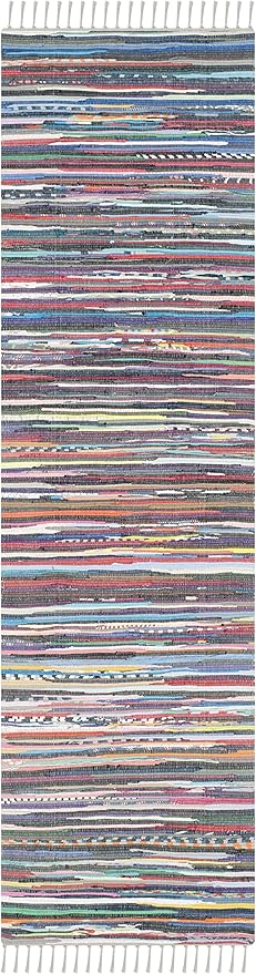 SAFAVIEH Rag Rug Collection Runner Rug - 2'3" x 11', Grey & Multi, Handmade Boho Stripe Cotton, Ideal for High Traffic Areas in Living Room, Bedroom (RAR121M)
