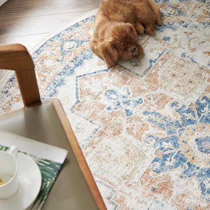 jinchan Kelda Round Rug 6ft Washable Area Rug Indoor Vintage Bedroom Floor Cover Distressed Circle Mat 6' Round Lightweight Non Slip Low Pile Thin Farmhouse Carpet for Living Room Dining Room Orange