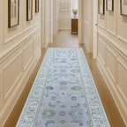Fame Living Cream Blue Oushak Rug, Modern Rugs, Vintage, Turkish, Eclectic, Floral, Pastel, Washable, Small Throw, Accent Area Rug for Living Room, Bedroom, Kitchen, Bathroom, 2'5"x4'9