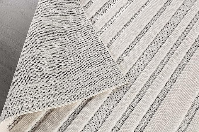 CAMILSON Modern Rug 6x9 Luxury Striped Line Micro Loop Area Rugs Soft High-Low Pile Stain Resistant Easy to Clean Non-Shedding Durable Living Room Bedroom Indoor Carpet (White)