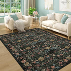DUKINO 5x7 Area Rugs, Floral Washable Rugs for Bedroom with Non Slip Backing, Vintage Low Pile Indoor Floor Carpets for Bedroom, Living Room, Farmhouse, Home Office, Dining Room, Black