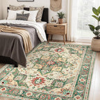Area Rug 5x7 Washable Rug, Vintage Boho Medallion Rugs Non-Slip Soft Low Pile Large Distressed Rug Indoor Retro Carpet for Living Room Bedroom Dining Room Home Office (Green Beige, 5'x7')