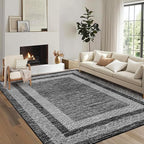 GarveeHome Large Washable Rug 9x12 Modern Geometric Non Slip, Distressed Bordered Printed Rug, Soft Non Shedding Indoor Carpet, Low Pile Thin Foldable Mats for Open Spaces Offices, Black