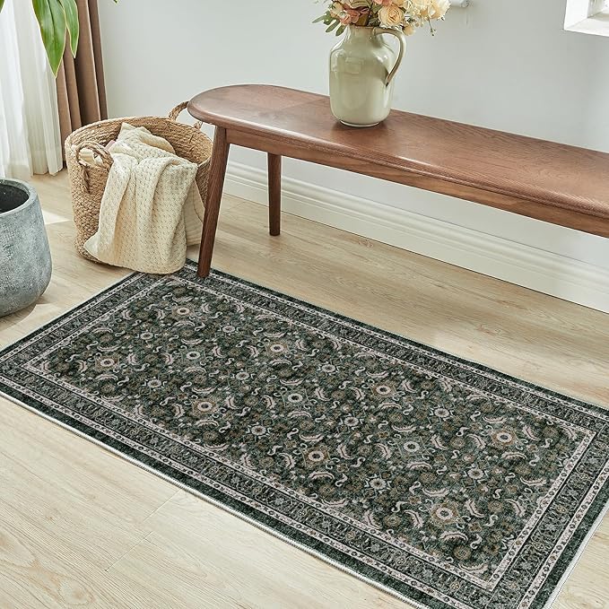 WITSHOCK Washable 2x4 Entryway Area Rug: Soft Non-Slip Backing Washable Rugs Vintage Flower Boho Accent Small Rugs for Bedroom, Kitchen, Bathroom, Nursery Entrance,Dark Green