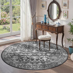 6ft Round Washable Area Rugs for Living Room, Vintage Boho Large Rug for Bedroom Dining Room Office, Distressed Floral Print Carpet for Under Table, Soft Non Slip Low Pile Throw Indoor Mat, Black