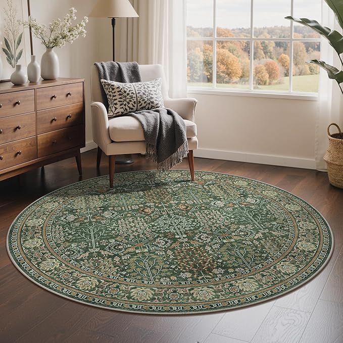 Bavni Round Rug 5ft-Machine Washable Area Rugs Non-Slip for Bedroom, 5x5 Vintage Floral Rug Distressed Throw Carpet for Living Room Nursery Kitchen Bathroom, Forest Green