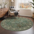 Bavni Round Rug 5ft-Machine Washable Area Rugs Non-Slip for Bedroom, 5x5 Vintage Floral Rug Distressed Throw Carpet for Living Room Nursery Kitchen Bathroom, Forest Green