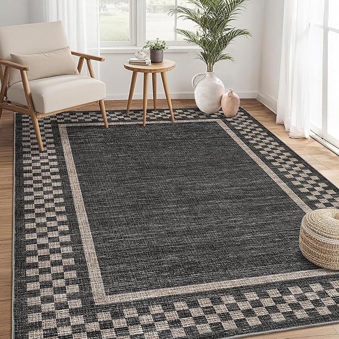 GarveeHome Modern Bordered 9x12 Area Rugs for Living Room Bedroom Soft Washable Large Bedroom Throw Carpet Non Slip Checkered Geometric Rugs for Dining Room Home Decor Office, Black