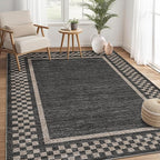 GarveeHome Washable Area Rugs 8x10 Non Slip Soft Large Living Room Rug Modern Checkered Bedroom Rug Soft Geometric Bordered Throw Carpet for Dining Room Home Decor Office Nursery, Black