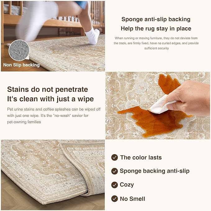 HUGEAR Machine Washable Hallway Runner Rugs 2x6 Vintage Beige Brown Neutral Style Non Slip Stain Resistant Low Pile Throw Carpet for Bedroom Kitchen Retro Aesthetic Modern Decor