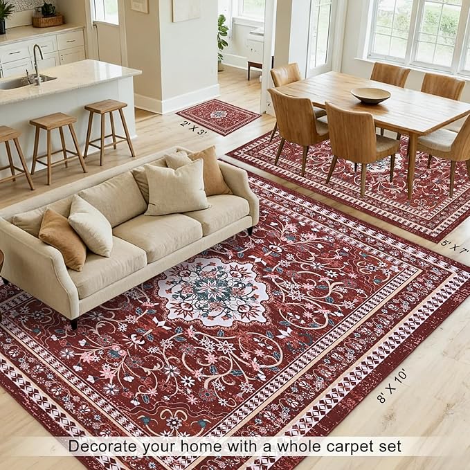 Luxury 5' x 7' Red Washable Area Rugs, Boho Low Pile Easy Clean Non-Slip Rug, Floral Medallion Pattern Vintage Rugs for Living Room, Dinning Room, Office, Bedroom, Bathroom, Laundry Room, Farmhouse