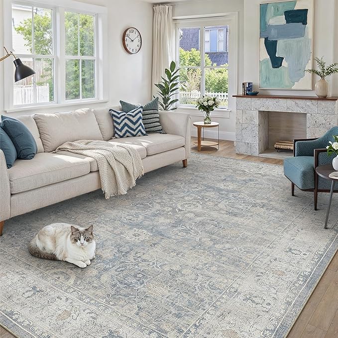 9x12 Blue Area Rug for Living Room Bedroom Neutral Soft Non Slip Rug Low Pile Vintage Distressed Large Carpet for Dining Room Nursery Office Indoor