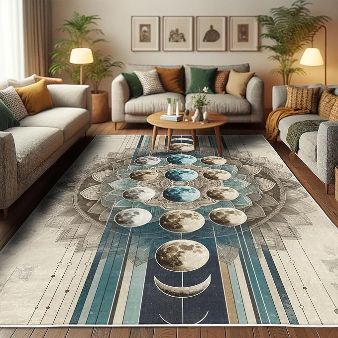 Ambesonne Lunar Art Decorative Rug, Oriental Bohemian Mandala with Moon Phase and Abstract Lines Modern, Quality Carpet for Bedroom Dorm and Living Room, 2' 2" x 3' 7", Cadet Blue and Eggshell