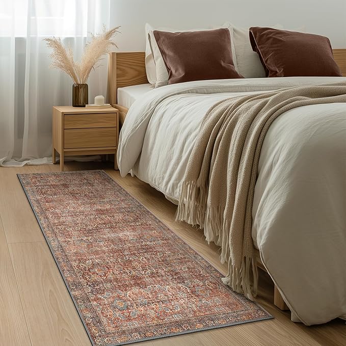 2x6 Runner Rug Machine Washable Boho Runners for Hallway,Ultra-Thin Low Pile Rug,Lightweight Indoor Carpet,Non Slip Floral Runners for Enrtyway, Corridor, Home Office, Kitchen,Terracotta/Indigo