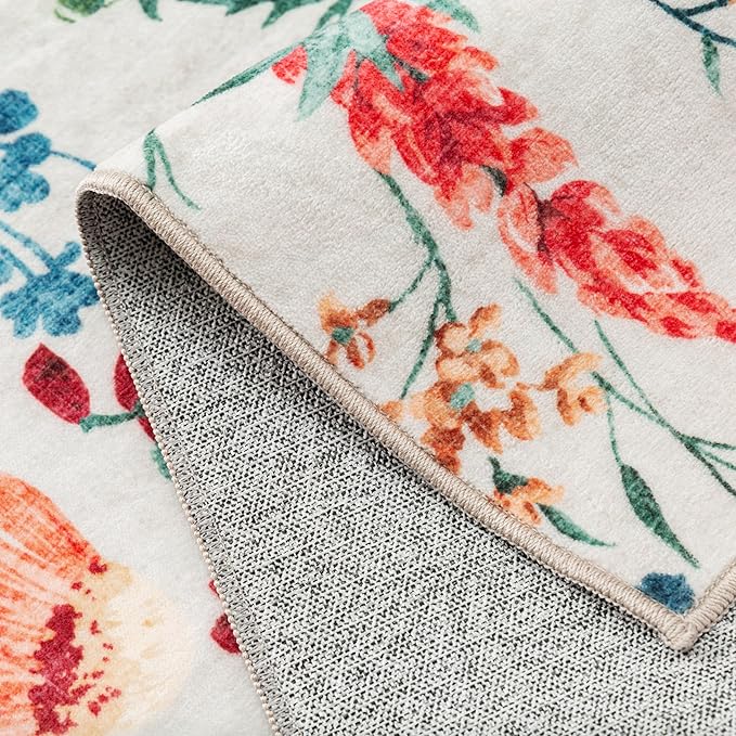 Floral Runner Rug 2x10 Washable Hallway Long Beige Bedroom Carpet Non Slip Indoor Boho Kitchen Low Pile Accent Rug Lightweight Soft for Bathroom Dining Laundry Living Room