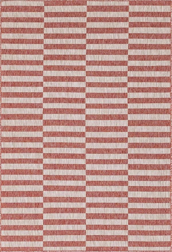 Unique Loom Outdoor Striped Collection Area Rug - Striped (6' 1" x 9' Rectangle, Rust Red/Ivory)