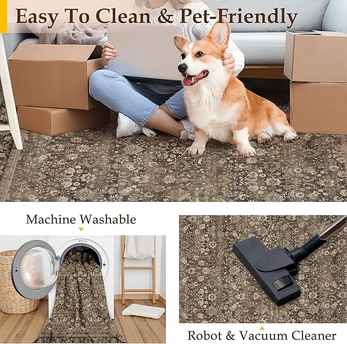 HUGEAR 2x3 Small Rug Machine Washable Area Rug Brown Entryway Rugs Entrance Door Mat Indoor Accent Rugs Floral Low Pile Carpet Distressed Throw Rug Kitchen Bedroom Office Non Slip