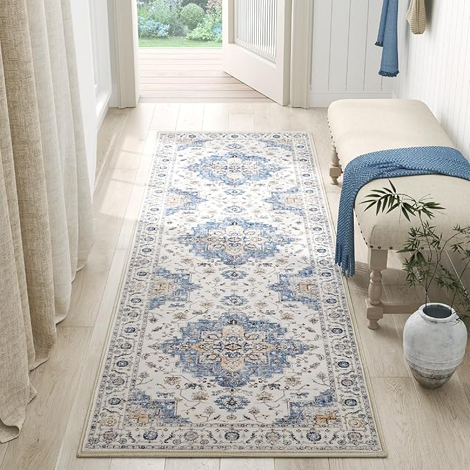 jinchan Runner Rug 2x6 Vintage Hallway Rug Boho Washable Runner Floral Medallion Retro Lightweight Non Slip Classic Thin Soft Carpet for Kitchen Bedroom Bathroom Laundry Room Doorway Blue