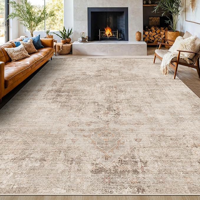 Neutral Living Room Rug - 10x14 Farmhouse Beige Brown Large Area Rug for Dining Room, Bedroom, Low Pile Lightweight Washable